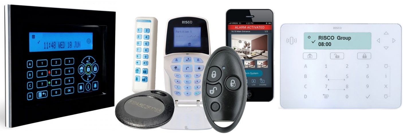 Périphériques de commande de l'alarme RISCO LightSYS : claviers, télécommande, application smartphone, badge, ...